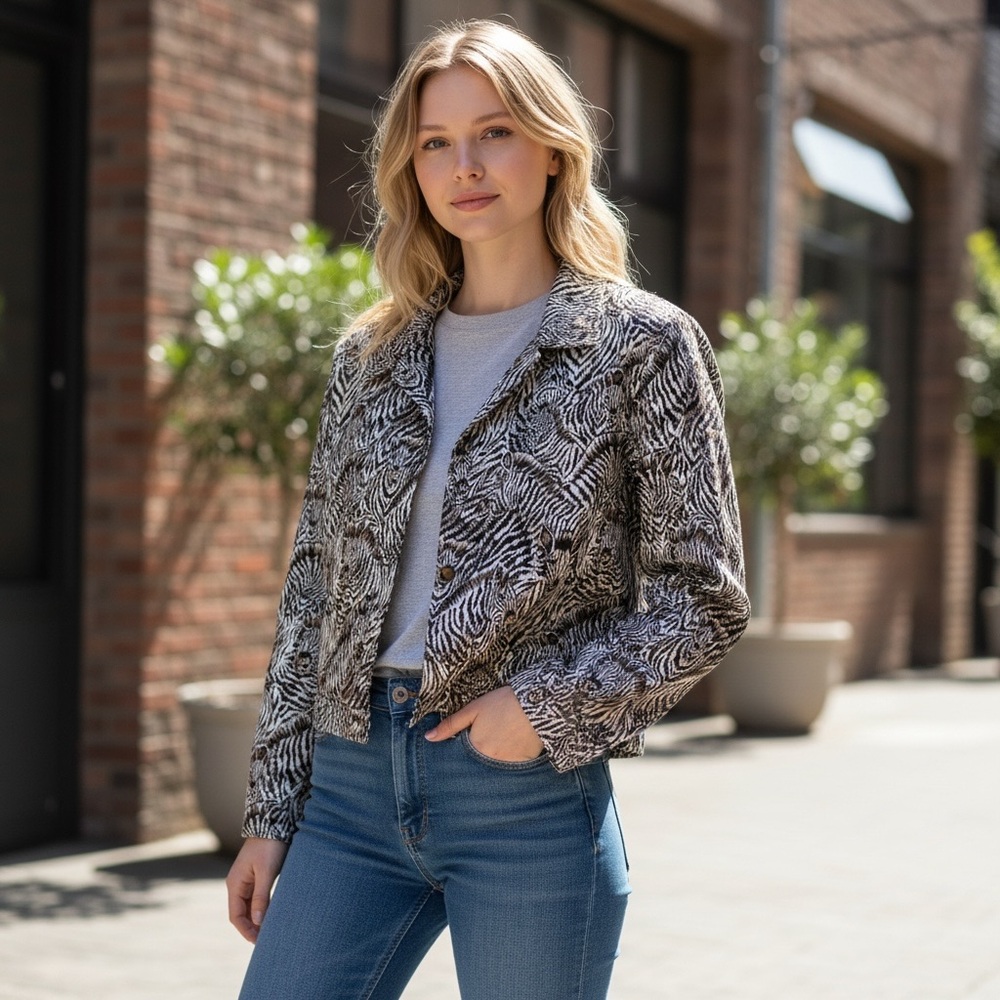 Vinci Clothiers Zebra Print Cropped Jacket Made in USA Small‎ Blazer Coat Chic